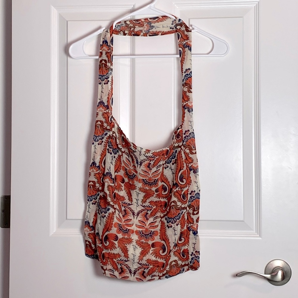 Free People sheer linen tote bag, orange, white & navy